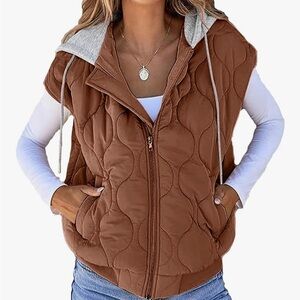 Women's Brown Quilted Hooded Vest